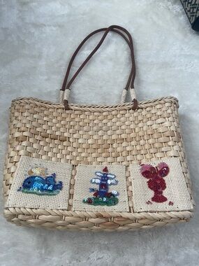 QVC Straw Wicker Nautical Tote Purse Satchel Lobster Lighthouse Whale Embroidery